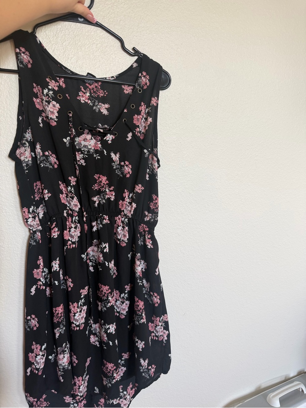 Rue21 Black Floral Sleeveless Lace-Up Dress with Pink Blossoms